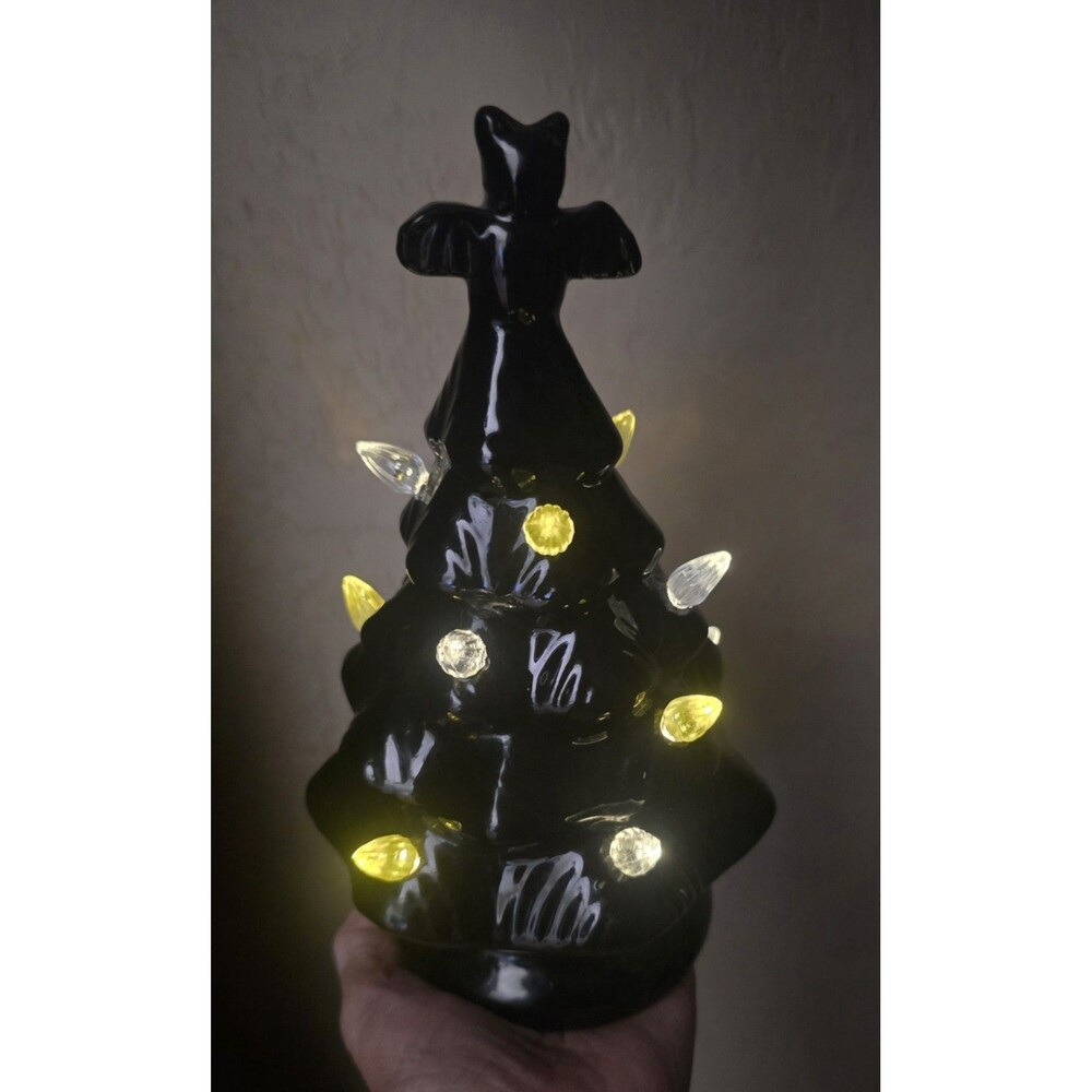 Bat Topper Halloween Black Ceramic Tree Light Up Yellow & White Bulbs Goth